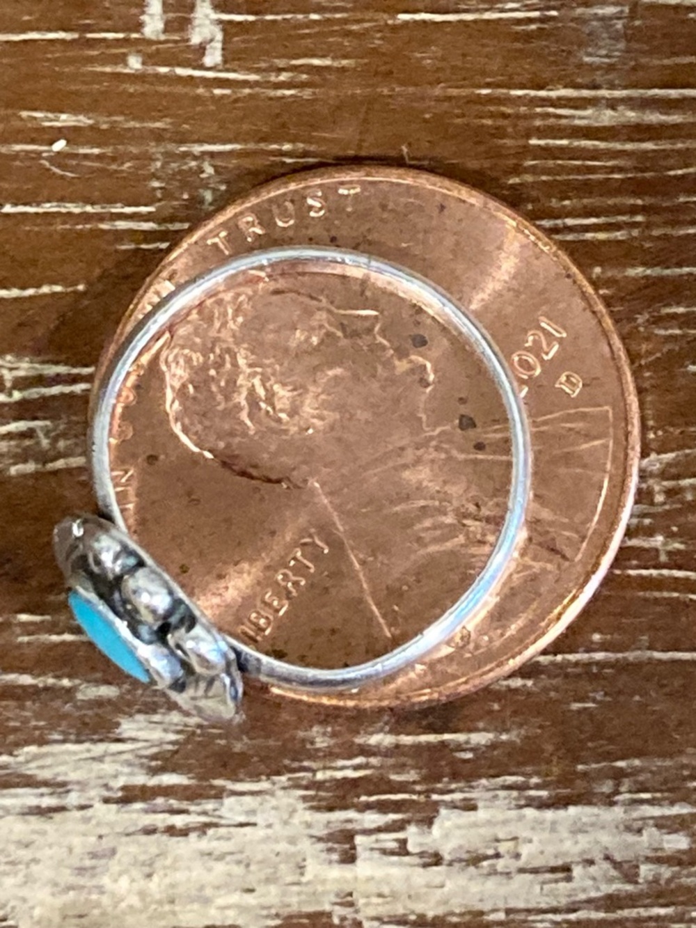 Super Tiny Silver Tone Ring with Turquoise Colored Center • Size 2.25 - Picture 6 of 16